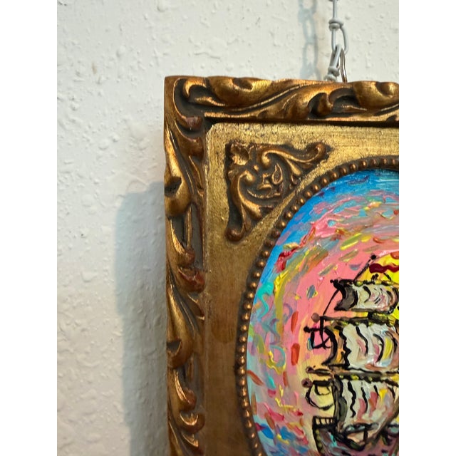 “Dawnstar” by Serg Graff is a luminous contemporary nautical painting featuring a stylized sailing ship drifting through a...