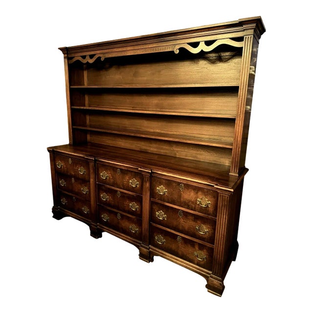 20th C. George II Style Walnut Chippendale Style Breakfront Hutch Brass Hardware For Sale