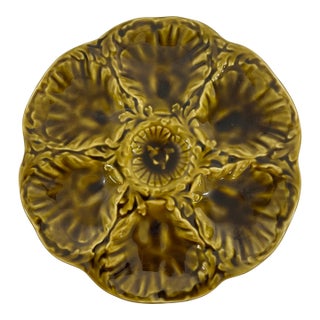 1950s French Gien Majolica Olive Green Oyster Plate For Sale
