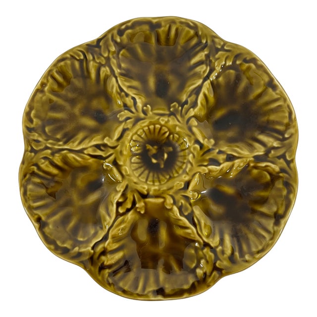 1950s French Gien Majolica Olive Green Oyster Plate For Sale