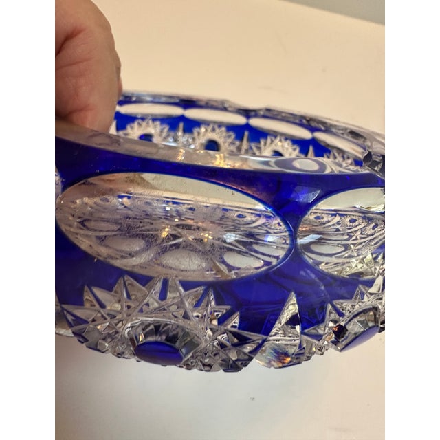 Mid-Century Modern Mid 20th Century Bohemian Blue Cobalt Cut to Clear Two(2) Ashtrays Faceted Cut Diamond Star For Sale - Image 3 of 16
