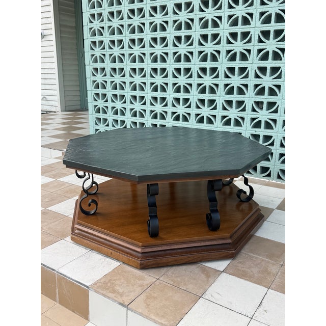 Black Vintage C. 1969 Mid Century Modern Spanish Revival Octagonal Slate Top & Iron Coffee Table For Sale - Image 8 of 10