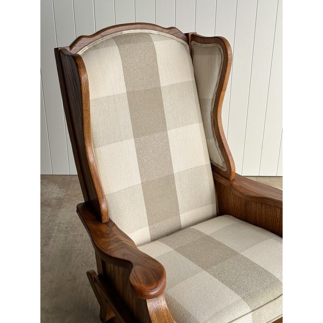 Traditional Studio Craft Oak Wingback Rocking Chair With Carved Rail, C. 1970s For Sale - Image 3 of 18