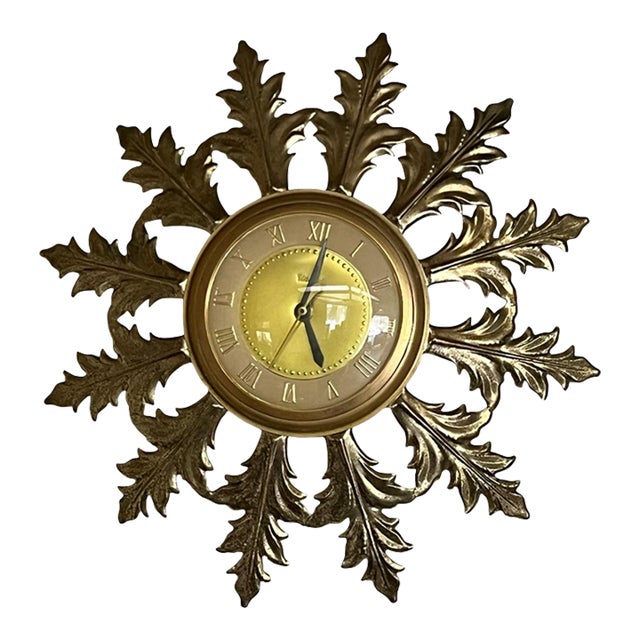 Vintage Mid Century Modern 1950s Starburst Brass Plated Clock United Model 99 For Sale