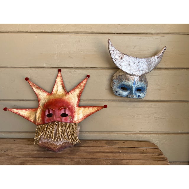 Handmade Gilded Venetian-Style Papier-Mache Celestial Masks, Representing the Sun (Sole) and the Moon (Luna) For Sale In Palm Springs - Image 6 of 14