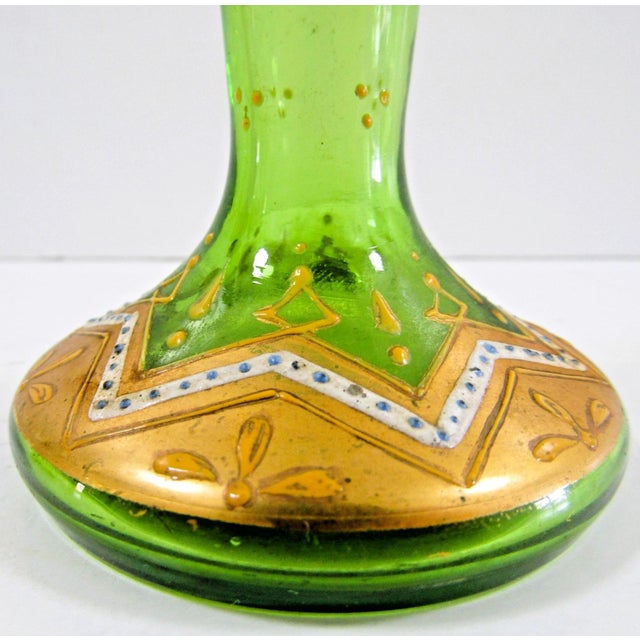 Green Antique Bohemian Moser-Style Green Glass Stick Vase Gold Gilding and Enamel For Sale - Image 8 of 12