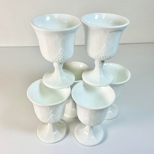 1970s 1970s Vintage Americana Arts & Crafts Indiana Glass Grape Milk Glass Water/Wine Goblets - Set of 6 For Sale - Image 5 of 8