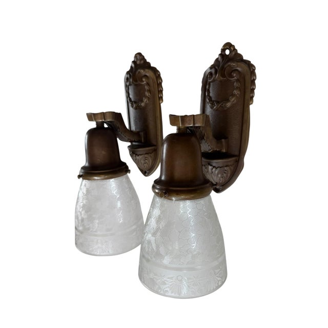 Brass 1920’s Wall Sconces With Laurel Leaves and Etched Glass Shades For Sale - Image 8 of 8
