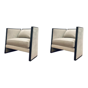 Caracole Modern Gray Cut Away Club Chairs Pair