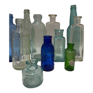 Antique Apothecary Bottle Lot Cobalt Blue Aqua Clear Drugstore Pharmacy Bottles