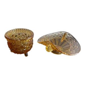 1950s Fenton Amber Daisy & Button Pattern Dual Handle Decorative Bowl and Tooth Pick Holder - 2 Pieces