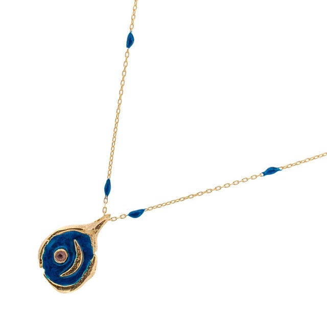 Tourmaline Stone Blue Moon Gold & Enamel Chain Necklace For Sale In Miami - Image 6 of 8