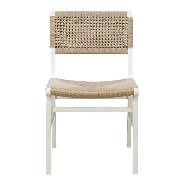 Matthew Izzo Home Monroe White Wood Woven Back and Rush Seat Dining Chair For Sale