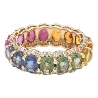 Natural 4.21 cts rainbow sapphire & 0.68 cts diamond ring in 14k gold For Sale