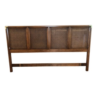 Regency Thomasville Mid Century King Headboard With Cane Panels Walnut + Brass Accents For Sale