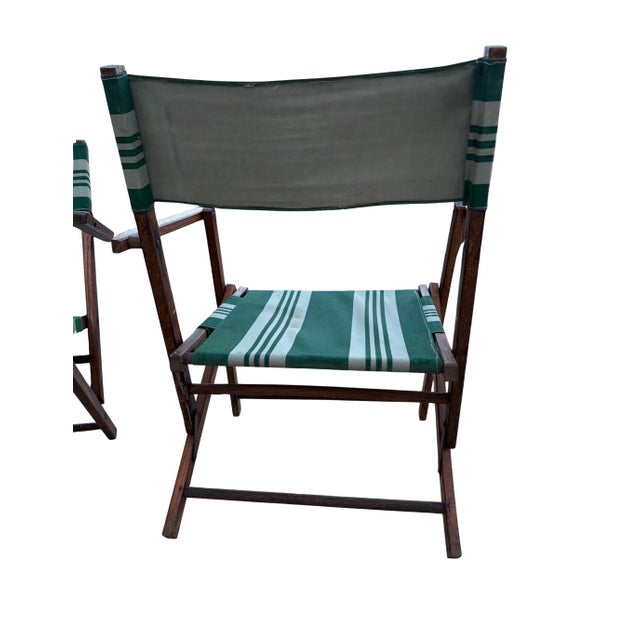 Mid 20th Century Folding Patio Chairs Pair – Stained Wood With Green & White Canvas, A Pair For Sale - Image 4 of 12