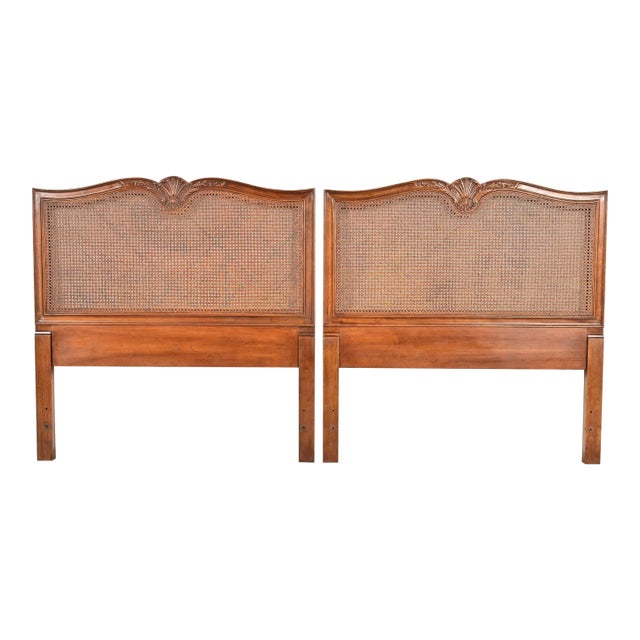 Henredon French Provincial Louis XV Carved Walnut and Cane Twin Size Headboards, Pair For Sale