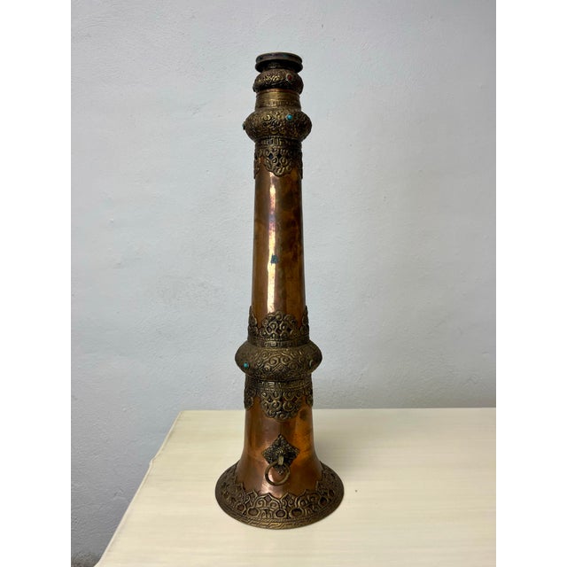 Beautiful Tibetan Dungchen ceremonial long horn. Ornate copper and brass with subtle turquoise and cinnabar adornment....