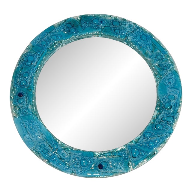 Round blue glass mirror. French work. Circa 1970 For Sale