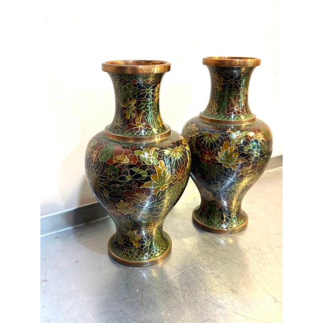 1970s green/gold floral Singaporean cloisonne' vases; set of two. Excellent condition.