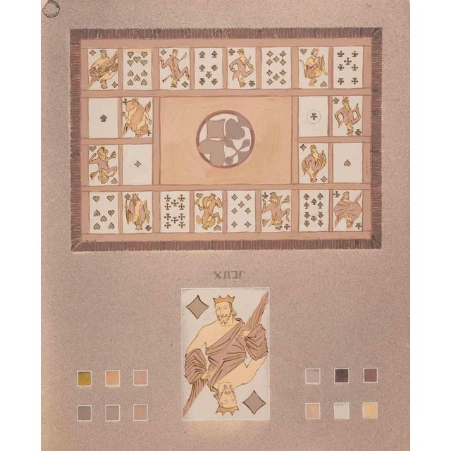 Modern Yvonne Giraud-Hanriot, The Cards, Mid-20th Century, Ink & Watercolor For Sale - Image 3 of 3