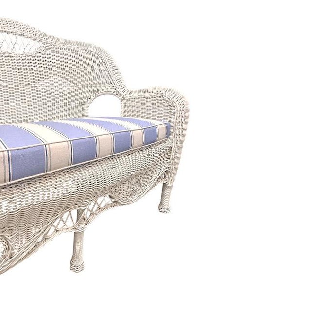 Wood Henry Link Vintage White Wicker Outdoor Settee With Blue Stripe Cushion For Sale - Image 7 of 8