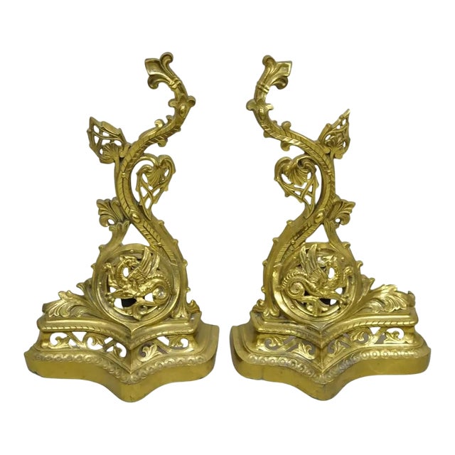Vintage French Baroque Style Brass Figural Andirons With Dragon Griffins - Pair For Sale