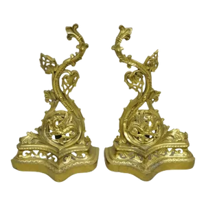 Vintage French Baroque Style Brass Figural Andirons With Dragon Griffins - Pair