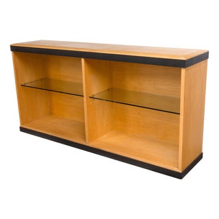 Vintage Postmodern 2 Tier Glass Shelf Blonde Wood Display Cabinet For Sale