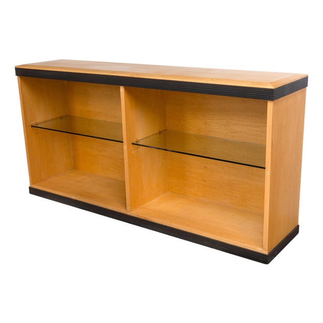 Vintage Postmodern 2 Tier Glass Shelf Blonde Wood Display Cabinet For Sale