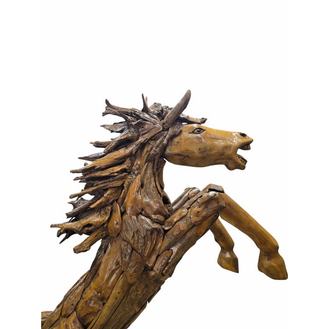 Wood Vintage Rustic Life-Size Teak Root and Driftwood Rearing Horse Sculpture For Sale - Image 7 of 12