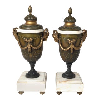 Late 19th Century French Style Marble and Patinated Metal Garniture Urns with Rams Heads - A Pair For Sale