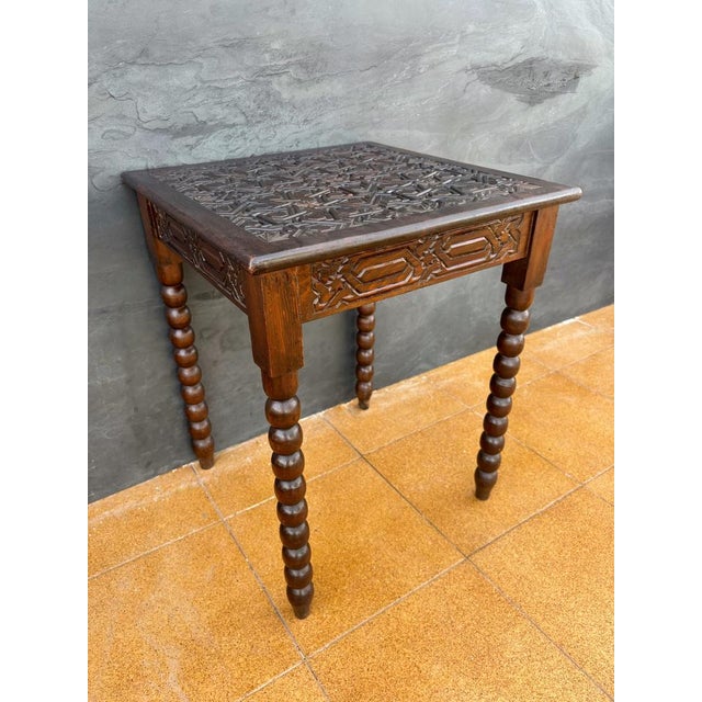 Brown Spanish Barley Twist Side Table with Geometric Carved Top, 1930s For Sale - Image 8 of 11