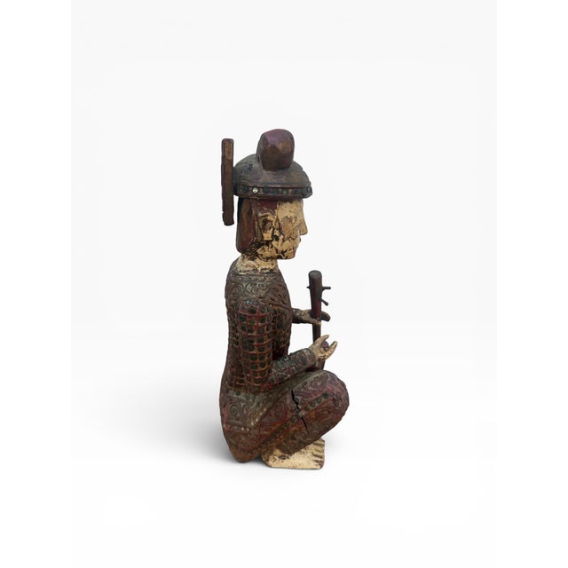 Mid 20th Century Hand-Carved Chinese Wooden Figural Sculpture of Seated Musician Holding Musical Instrument For Sale - Image 12 of 14