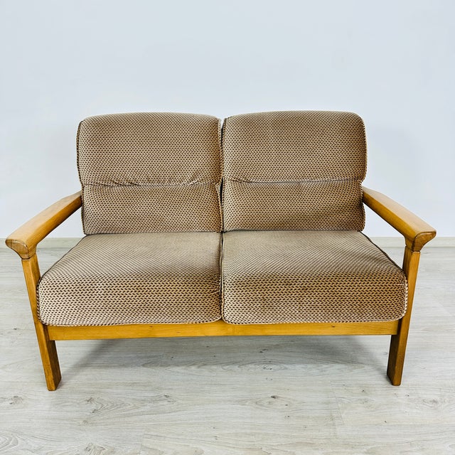 Dimensions: H 32.5” x W 51.5” x D 29.5” x SH 17” Vintage Scandinavian two-seater sofa upholstered in original brown/gold...