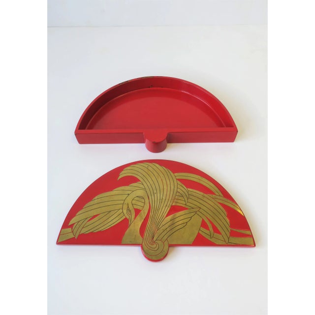 Red Lacquer Box With Brass Swan Bird Design, Circa 1970s For Sale - Image 9 of 13