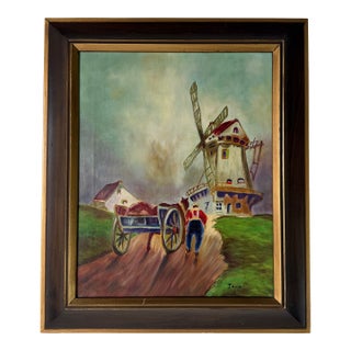Vintage Jara Country European Farm Landscape Oil on Canvas Painting – Framed For Sale