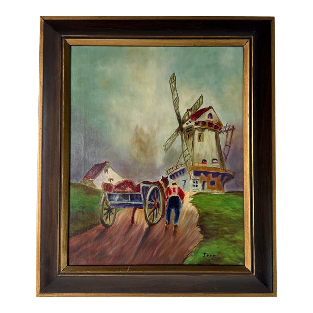 Vintage Jara Country European Farm Landscape Oil on Canvas Painting – Framed For Sale