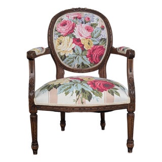 Vintage Louis XVI Style French Arm Chair Restyled/Restored- Vintage Cabbage Roses Floral Batkcloth Upholstery Fabric For Sale