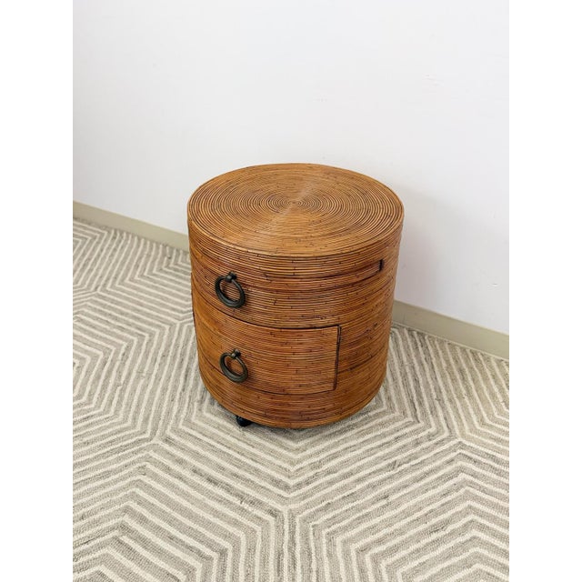 Italian Late 20th Century Pencil Reed Ribbed Round Rolling Side Table Drawer Gabriella Crespi Style For Sale - Image 3 of 9