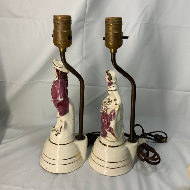 Vintage Porcelain "Colonial Couple" or "Victorian Courting Couple" Boudoir Vanity Lamps - a Pair For Sale In Chicago - Image 6 of 8