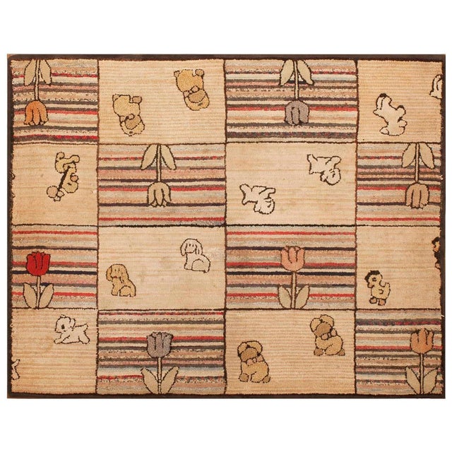 1920s Tan Beige Animalia Folk Art Antique American Hooked Rug 3' 0" X 4' 0" Handknotted Wool Carpet For Sale - Image 9 of 11