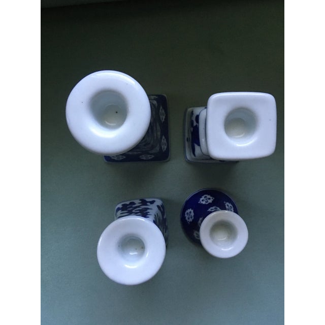1970s Vintage Blue & White Patterned Candlesticks- Set of 4 For Sale - Image 5 of 11