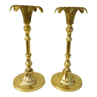 1980s Polished Brass Palm Tree Figural Candle Holders, a Pair For Sale