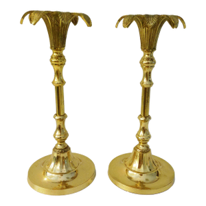 1980s Polished Brass Palm Tree Figural Candle Holders, a Pair