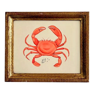 Original Hand-Painted Orange Crab Painting, Framed in a Vintage Frame For Sale