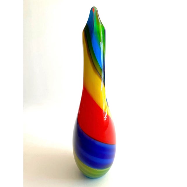 Glass Vintage 1980's Postmodern Italian Murano Art Glass Fused Multicolor Stripe Sculptural Pitcher Vase For Sale - Image 7 of 13