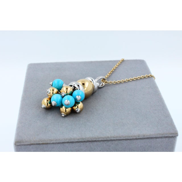 Blue Turquoise Diamonds Golden Sphere Bells Motif Two Tone Gold Pendant Necklace For Sale - Image 10 of 15