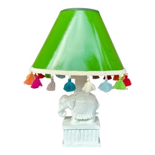 1999 White Lacquered Elephant Table Lamp With Green Laquered Shade - Newly Painted For Sale