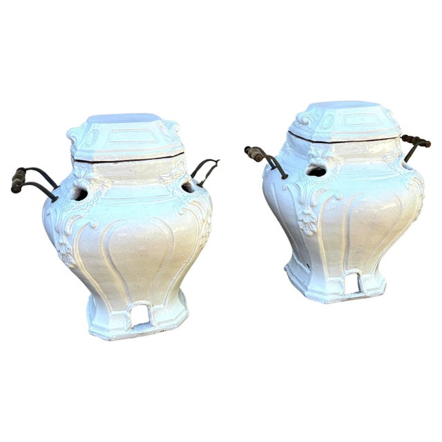 White Glazed Terracotta Garden Urns or Jardinieres with Metal and Wood Handles - A Pair For Sale - Image 8 of 13